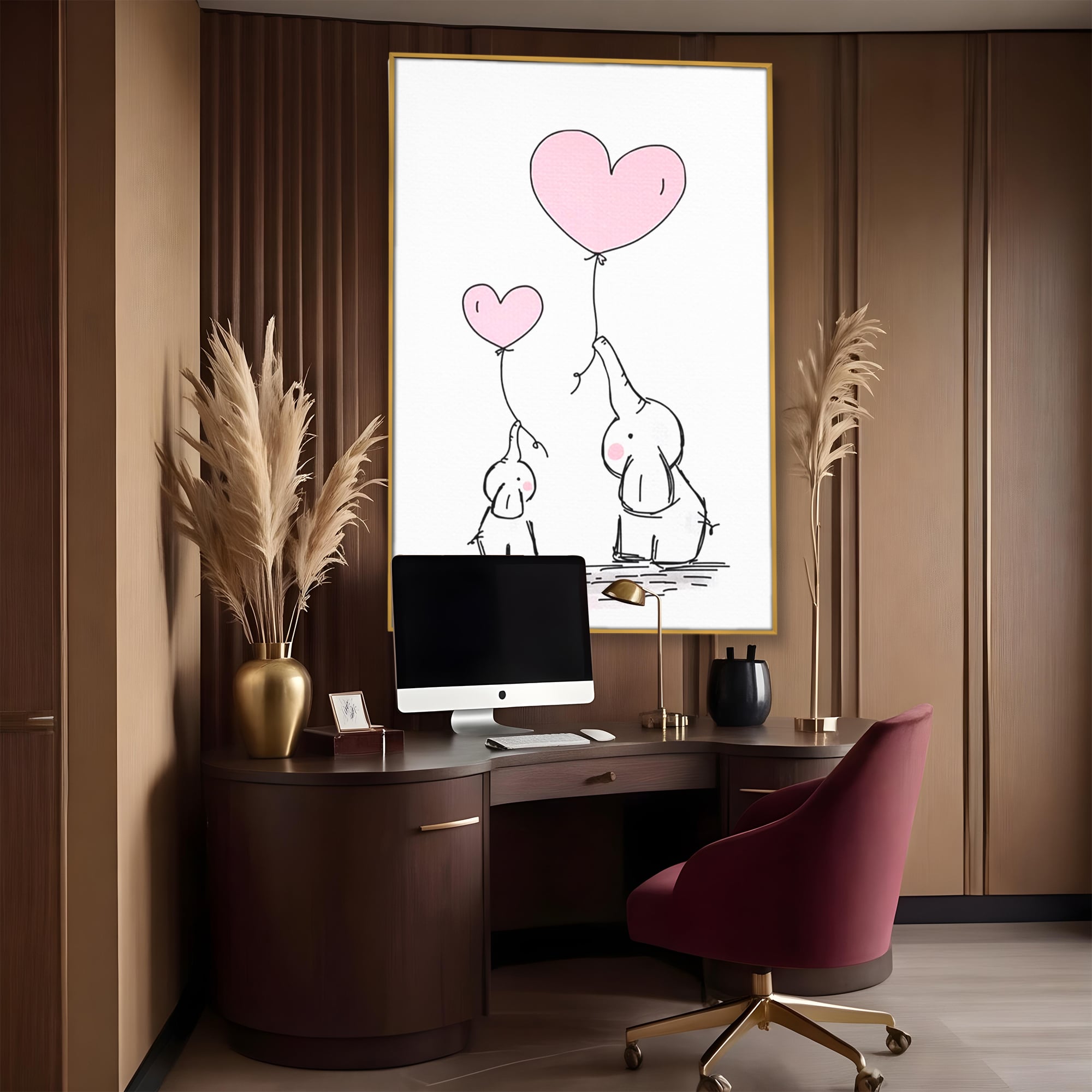 Tablou canvas cu ilustratie cu elefanti si baloane, in rama de aluminiu auriu, pe perete intr-un birou